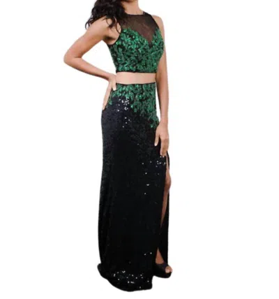 Zasa Chic Embroidered Sequin Two-piece Gown In Black/green In Multi