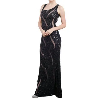 Zasa Chic Sequined Illusion Panel Gown In Black