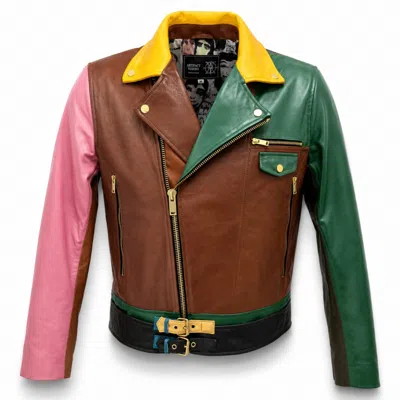 Zasta Studio Artifact Theory Men Biker Jacket In Black/brown/green/yellow