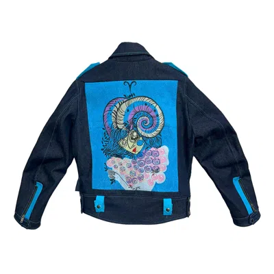 Zasta Studio Men's Zodiac Aries Denim Embroidered Biker Jacket