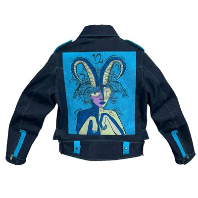 Zasta Studio Men's Zodiac Capricorn Denim Embroidered Biker Jacket