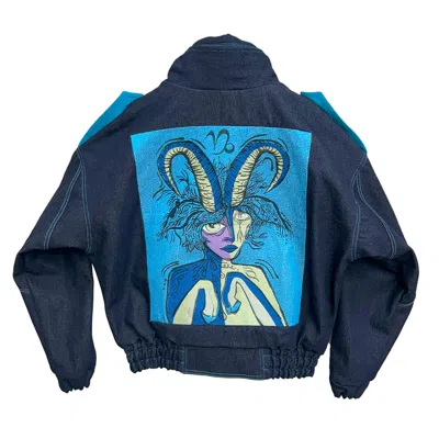 Zasta Studio Men's Zodiac Capricorn Denim Embroidered Bomber Jacket