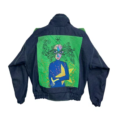 Zasta Studio Men's Zodiac Pisces Denim Embroidered Bomber Jacket
