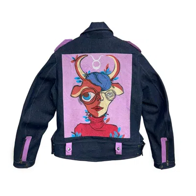 Zasta Studio Men's Zodiac Taurus Biker Denim Embroidered Biker Jacket