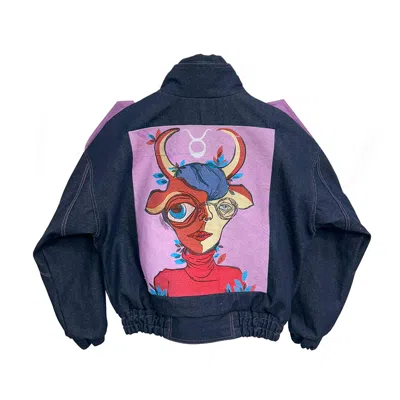 Zasta Studio Men's Zodiac Taurus Denim Embroidered Bomber Jacket