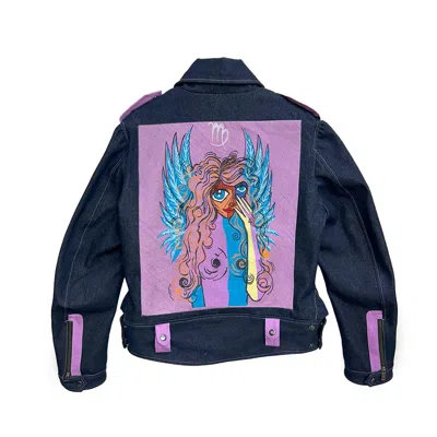 Zasta Studio Men's Zodiac Virgo Denim Embroidered Biker Jacket