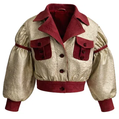Zasta Studio Women's Gold / Red Gold Sentinel Leather Crop Bomber Jacket In Multi