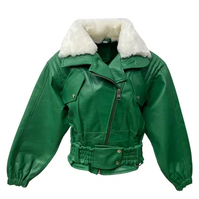 Zasta Studio Women's Green The Rollers Faux Fur Collared Bomber Leather Jacket