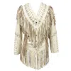Zasta Studio Women's The Leader-white Leather Jacket With Beads And Fringes In White