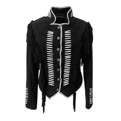 Zasta Studio Women's Warrior Black Suede Leather Jacket With Beads & Fringes
