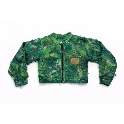 Zasta Studio Women's Wearable Ruins Green Shredded Denim Crop Jacket