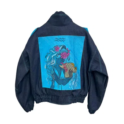 Zasta Studio Women's Zodiac Aquarius Denim Embroidered Bomber Jacket
