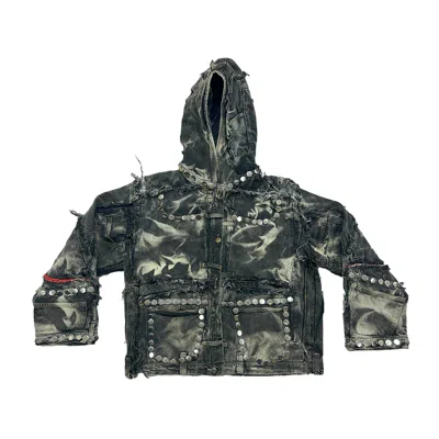 Zasta Studio Men's Black Carbon Clash Studded Denim Jacket With Hoodie