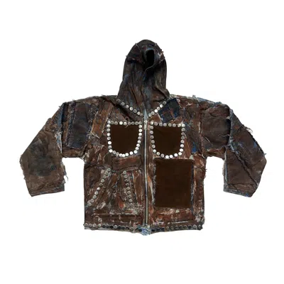 Zastastudio Men's Brown Studded Upcycled Denim Jacket With Hoodie