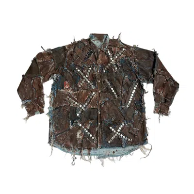 Zastastudio Men's Brown Studded Upcycled Denim Oversize Shirt