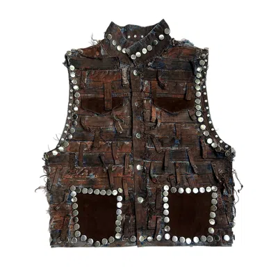 Zastastudio Men's Brown Studded Upcycled Sleeveless Jacket Medium