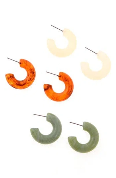 Zaxie By Stefanie Taylor Set Of 3 Resin Hoop Earrings In Ivory/brown/green