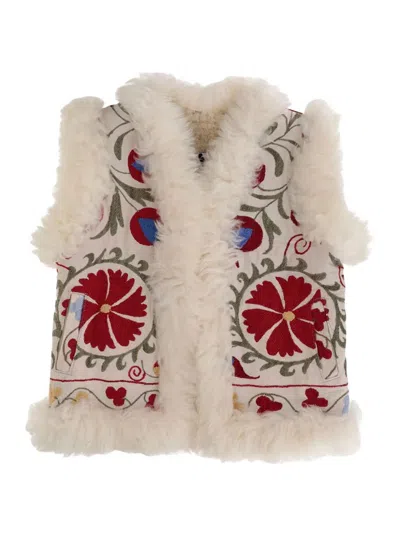 Zazi Multicolor Sleeveless Jacket With Fur Trims And All-over Floral Motif In Cotton Woman In White