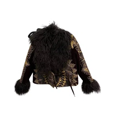 Zazi Pre-loved Women's  Shearling Coat In Brown Gold Embroidery In Multi