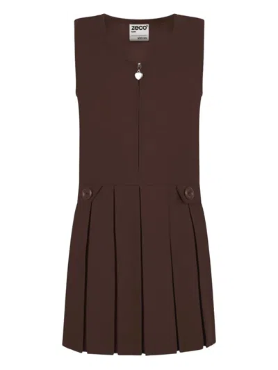 Zeco Schoolwear Kids' Pinafore Pleated Sleeveless Dress In Brown