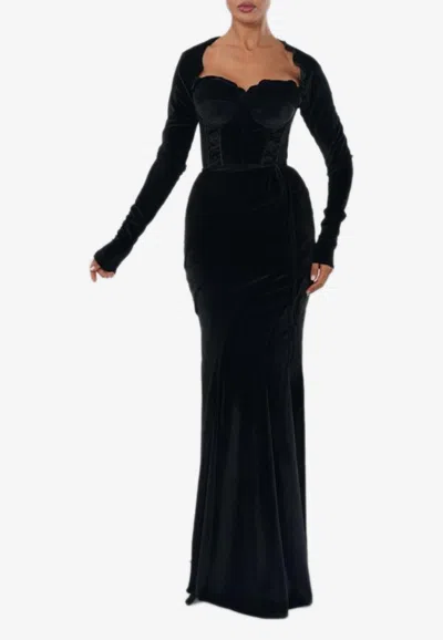 Zeena Zaki Long-sleeved Velvet Gown In Black
