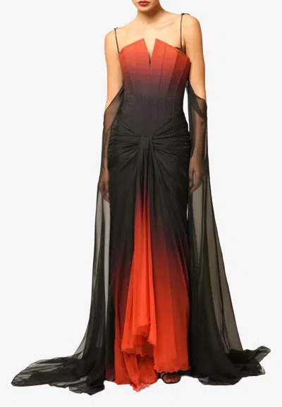 Zeena Zaki Off-shoulder Draped Chiffon Ombre Gown In Multi
