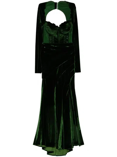 Zeena Zaki Long-sleeved Velvet Gown In Green