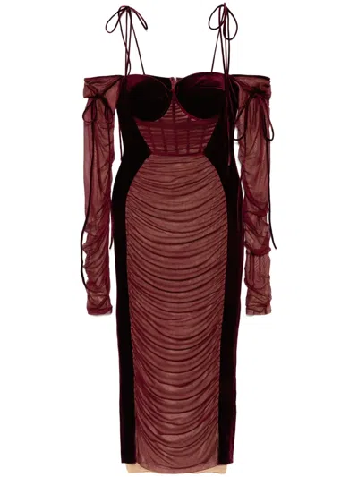 Zeena Zaki Off-shoulder Velvet Midi Dress In Maroon