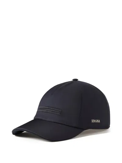 Zegna 232 Road Embroidered Baseball Cap With Elastic Back In Blue