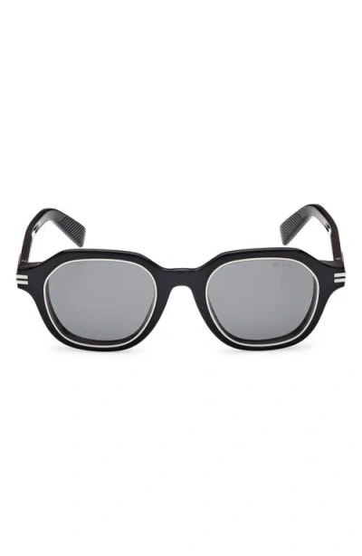 Zegna 49mm Geometric Polarized Sunglasses In Shiny Black/smoke