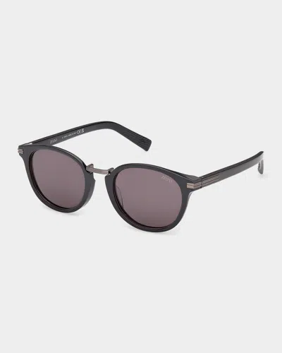 Zegna 51mm Acetate & Titanium Round Sunglasses In Black