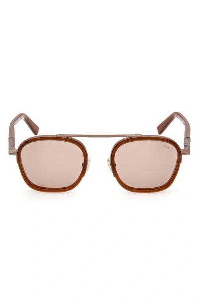 Zegna Men's 51mm Geometric Metal Sunglasses In Shiny Transparent Brown