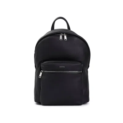 Zegna Black Grained Leather Backpack