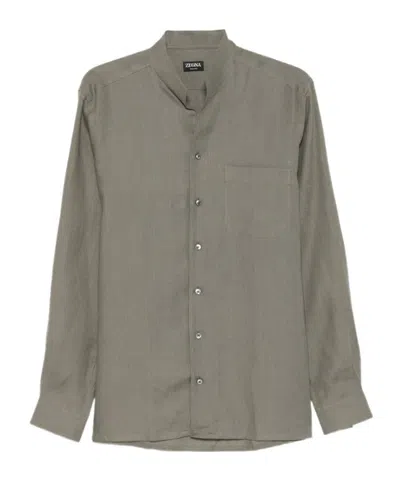 Zegna Band-collar Pocket Shirt In Gray