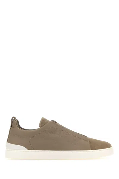 Zegna Beige Leather Triple Stitch Slip Ons In Brown