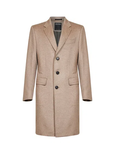 Zegna Beige Oasi Cashmere Beaver Single-breasted Coat In Brown