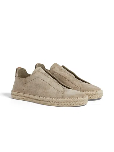 ZEGNA TRIPLE STITCH ESPADRILLES EN VEAU VELOURS BEIGES