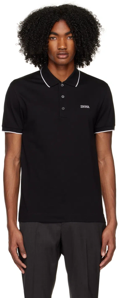 Zegna Black Embroidered Polo In K09 Black Solid