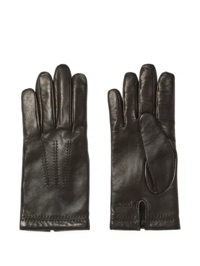 Zegna Black Leather Gloves In Brown