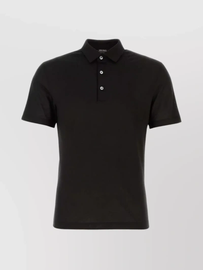 Zegna Black Piquet Polo Shirt With Short Sleeves And Lateral Slits