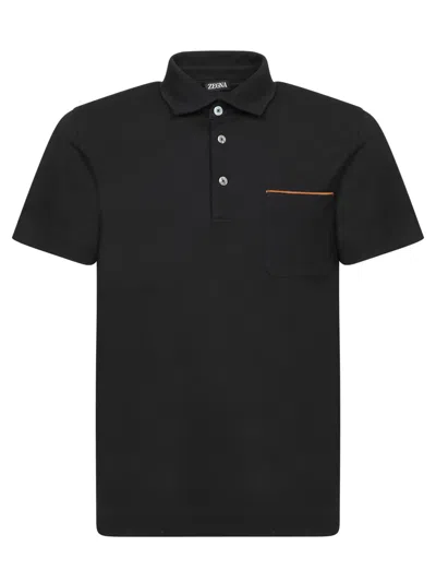 Zegna Black Piquet Polo With Leather Details