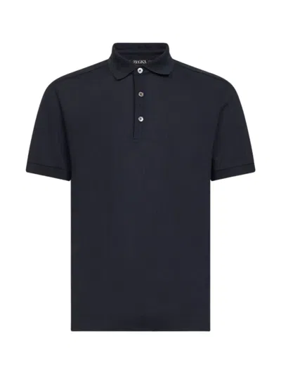 Zegna Black Solid Shirt Collar Polo In Blue