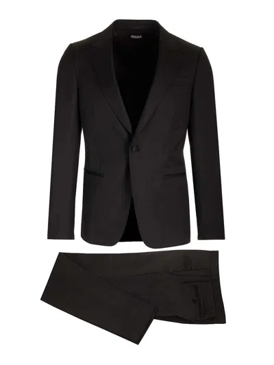 Zegna Black Solid Wool And Mohair Tailored Suit