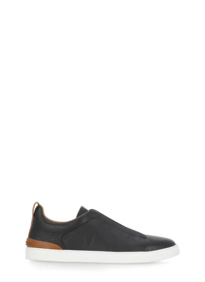 Zegna Triple Stitch Leather Sneakers In Black