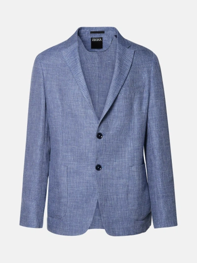 Zegna Blazer In Blue Linen Blend