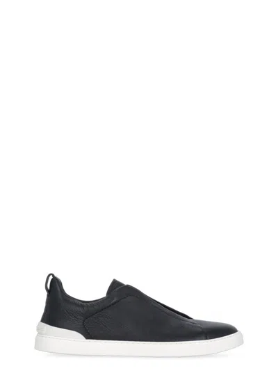 Zegna Navy Blue Leather Triple Stitch Sneakers Men In Black