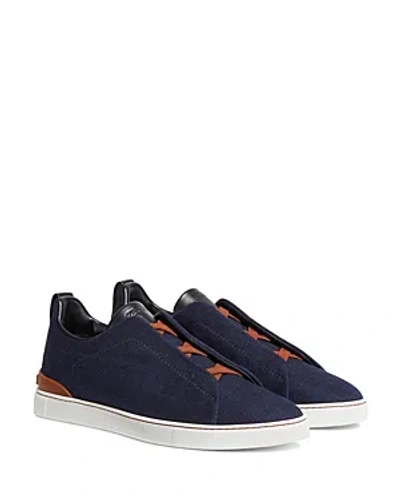 Zegna Blue Cotton Denim Triple Stitch Low Top Sneakers In Bleu Marine