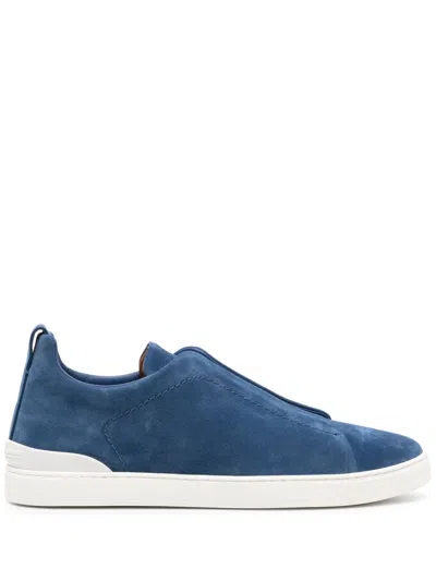 Zegna Triple Stitch Suede Slip-on Sneaker In Blue