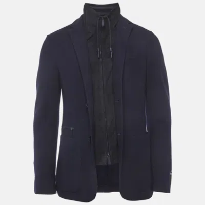 Pre-owned Zegna Blue Wool Blend And Suede Zip-up Jacket S