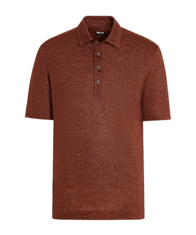 Zegna Brick Red Oasi Lino Polo Shirt In Animal Print